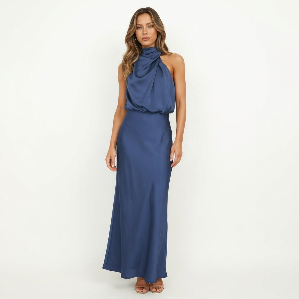 Shelly | Draped Halterneck Satin Midi Dress