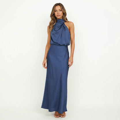 Shelly | Draped Halterneck Satin Midi Dress