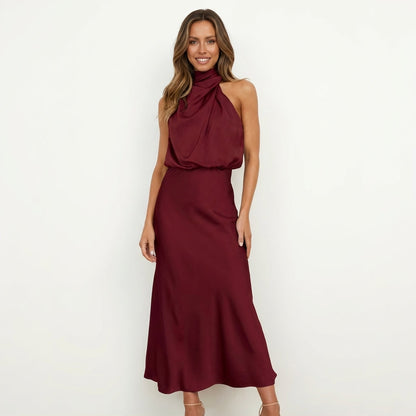 Shelly | Draped Halterneck Satin Midi Dress