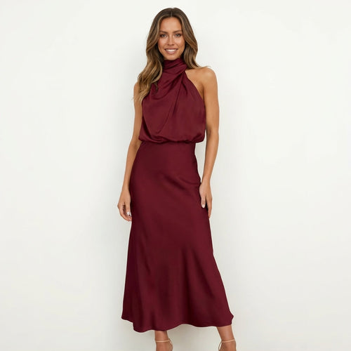 Shelly | Draped Halterneck Satin Midi Dress