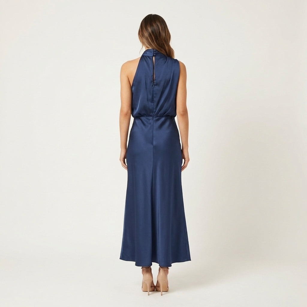 Shelly | Draped Halterneck Satin Midi Dress