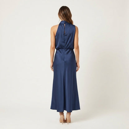 Shelly | Draped Halterneck Satin Midi Dress