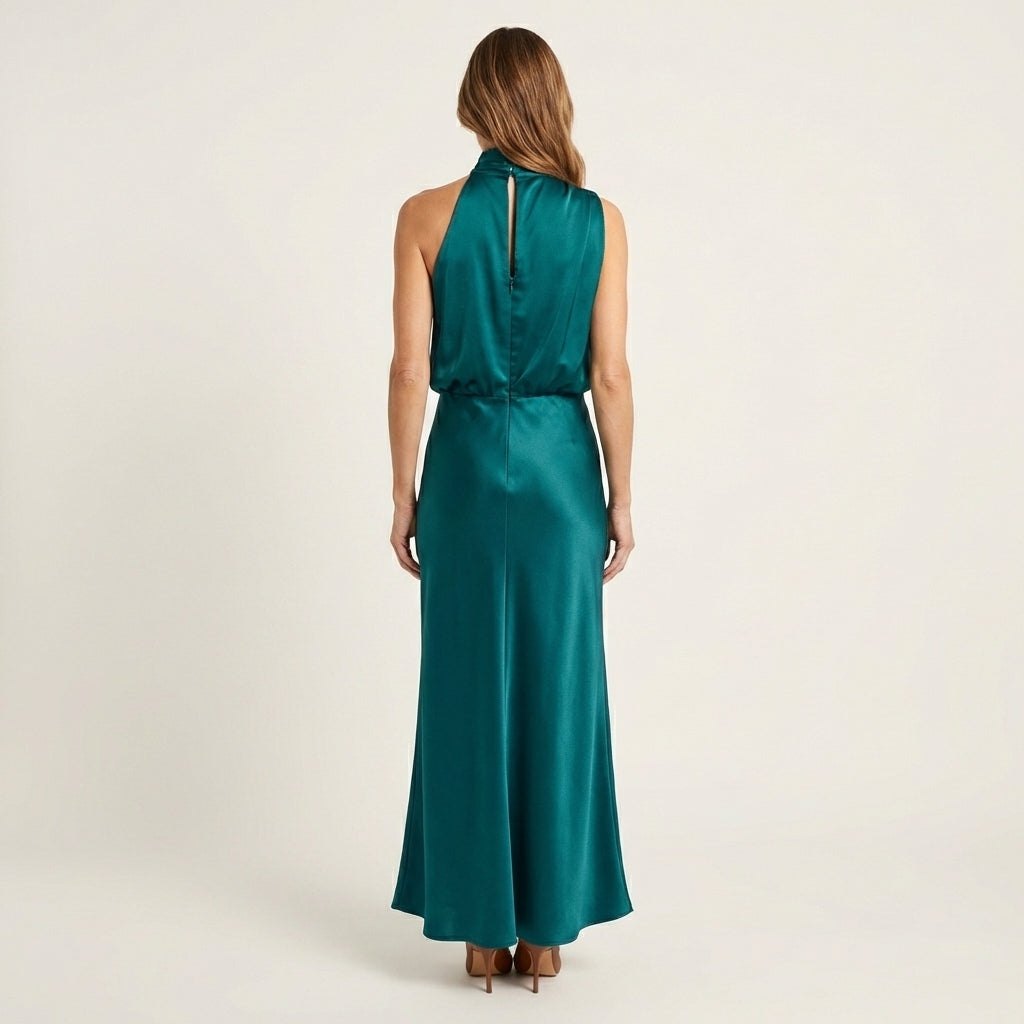 Shelly | Draped Halterneck Satin Midi Dress