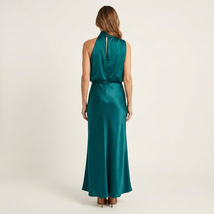 Shelly | Draped Halterneck Satin Midi Dress