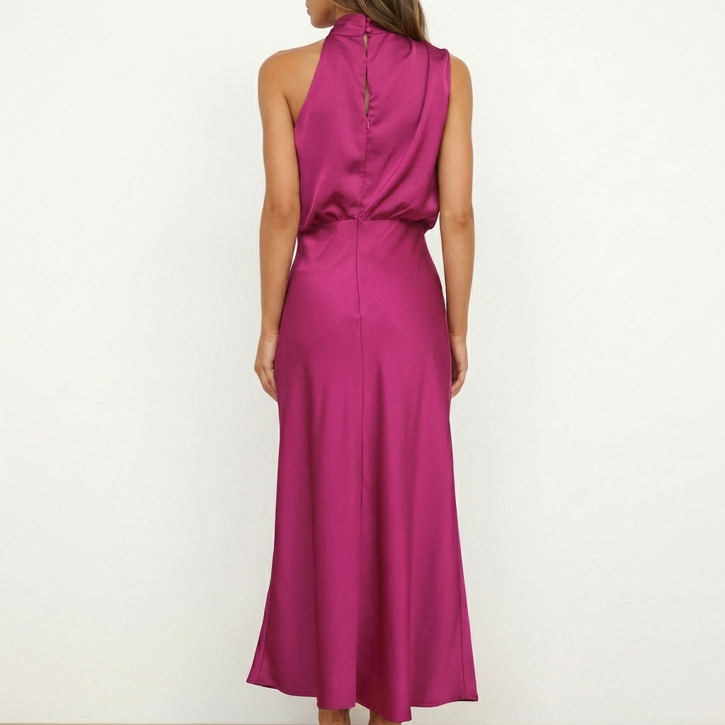 Shelly | Draped Halterneck Satin Midi Dress