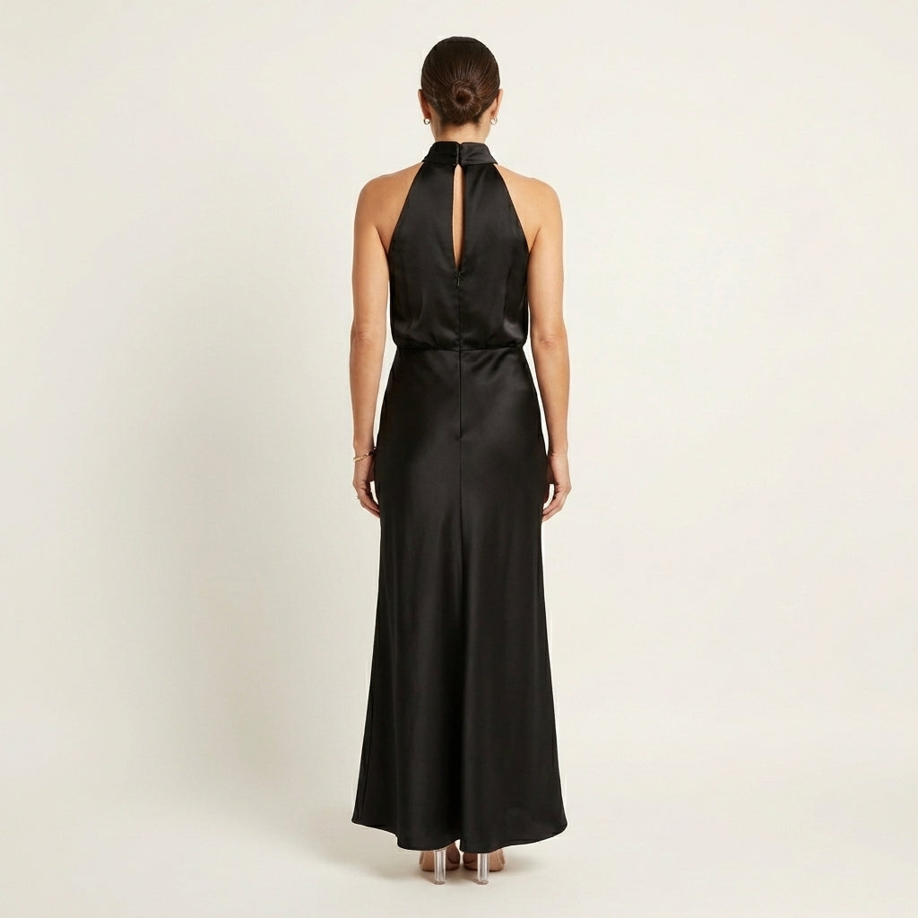 Shelly | Draped Halterneck Satin Midi Dress