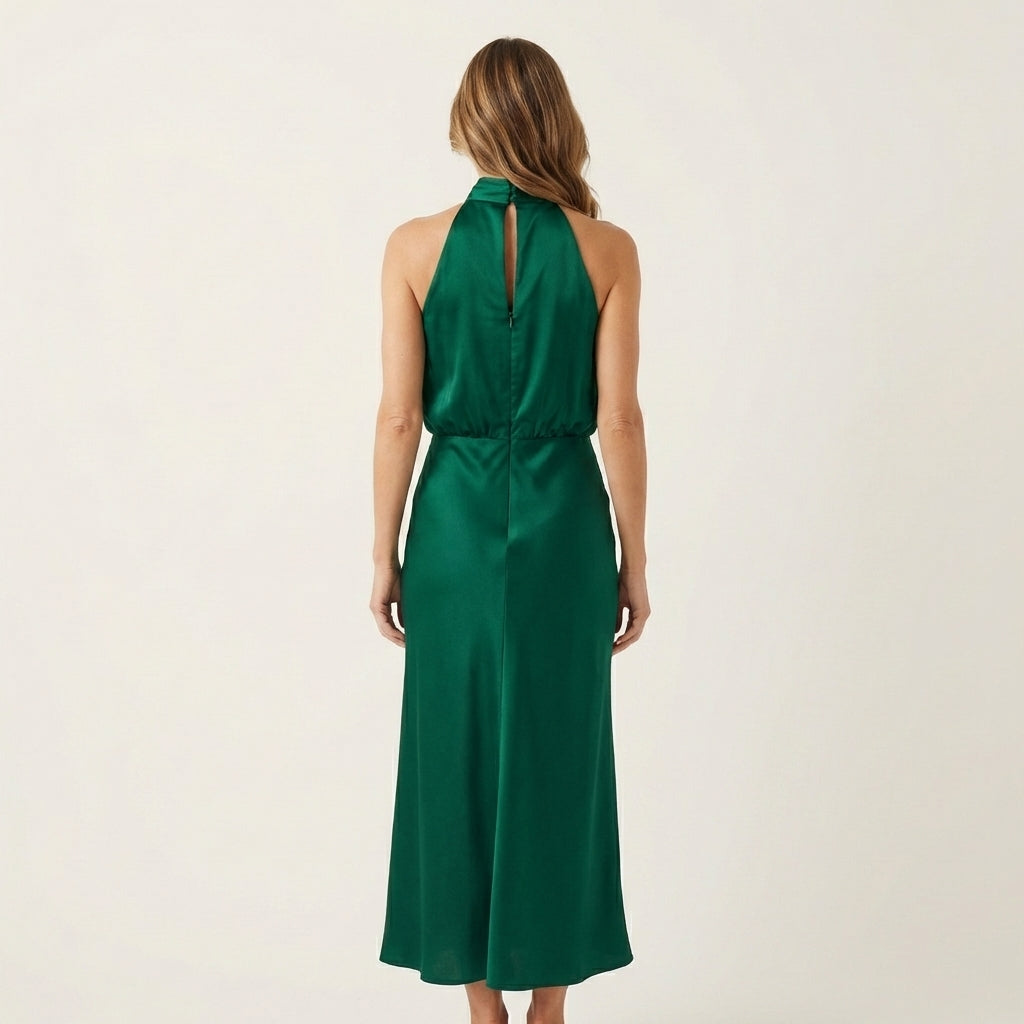 Shelly | Draped Halterneck Satin Midi Dress