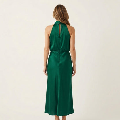 Shelly | Draped Halterneck Satin Midi Dress