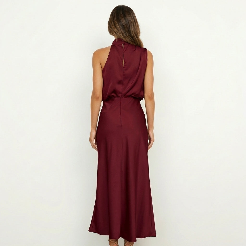 Shelly | Draped Halterneck Satin Midi Dress