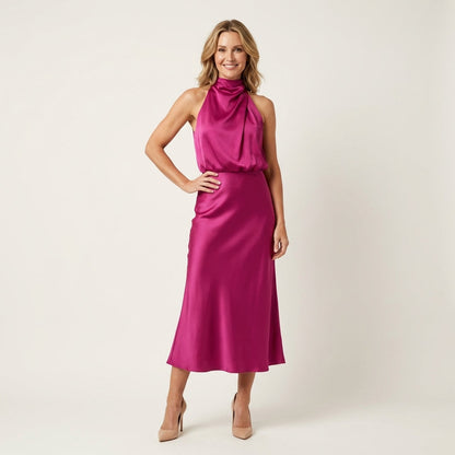 Shelly | Draped Halterneck Satin Midi Dress