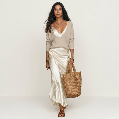 Kally | Ribbed Knit Sweater and Satin Bias-Cut Maxi Dress Set
