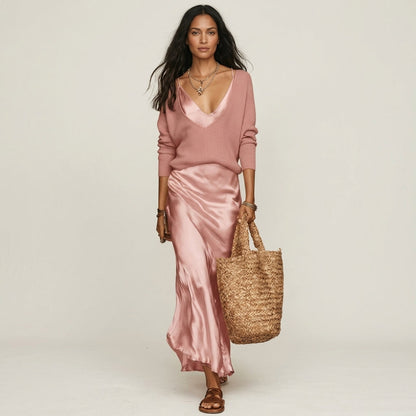 Kally | Ribbed Knit Sweater and Satin Bias-Cut Maxi Dress Set