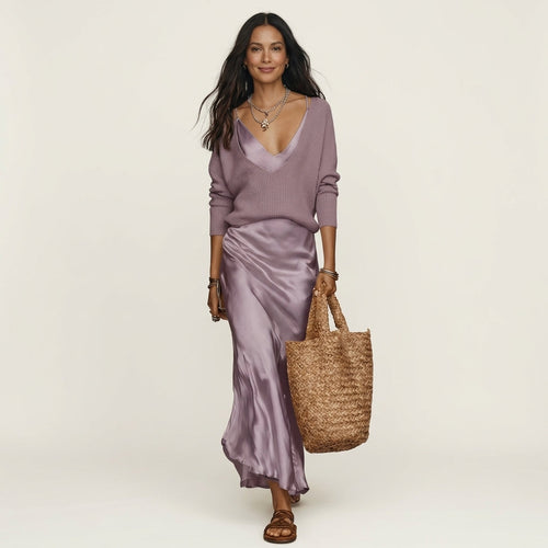 Kally | Ribbed Knit Sweater and Satin Bias-Cut Maxi Dress Set