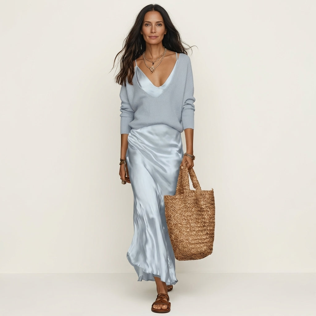 Kally | Ribbed Knit Sweater and Satin Bias-Cut Maxi Dress Set