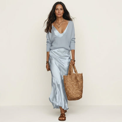 Kally | Ribbed Knit Sweater and Satin Bias-Cut Maxi Dress Set