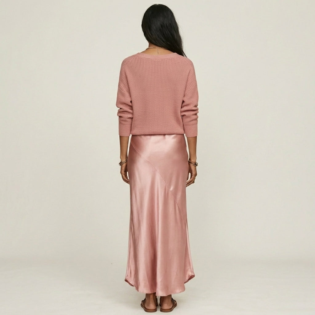 Kally | Ribbed Knit Sweater and Satin Bias-Cut Maxi Dress Set