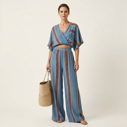 Kiana | Striped Wrap Crop Top & Wide-Leg Pants Set