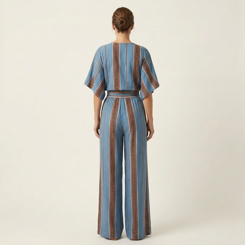 Kiana | Striped Wrap Crop Top & Wide-Leg Pants Set