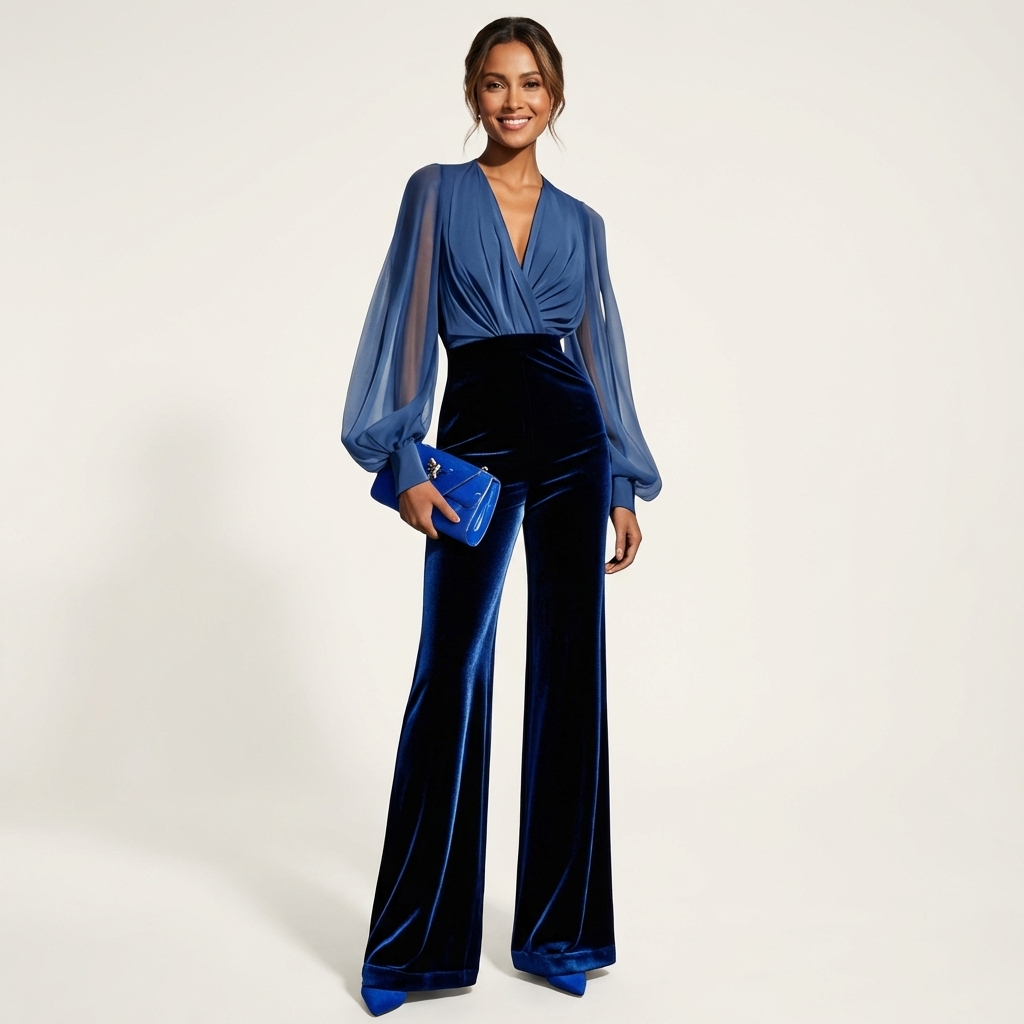 Jayne | Chiffon Wrap Top & Velvet Wide-Leg Pants Set