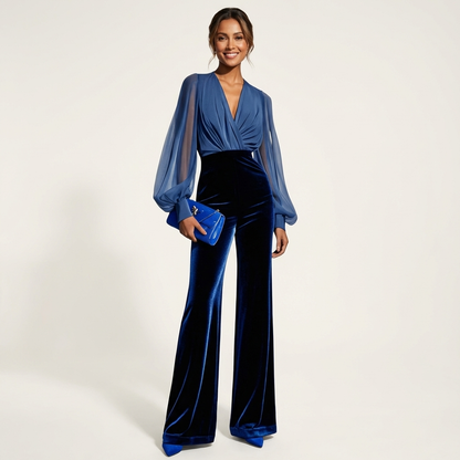 Jayne | Chiffon Wrap Top & Velvet Wide-Leg Pants Set