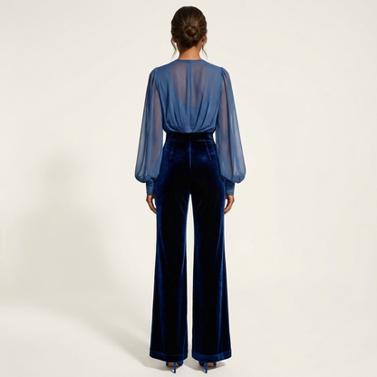 Jayne | Chiffon Wrap Top & Velvet Wide-Leg Pants Set