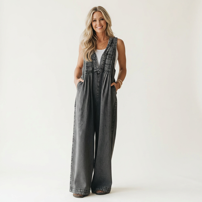 Griselda | Pleated Wide-Leg Denim Jumpsuit