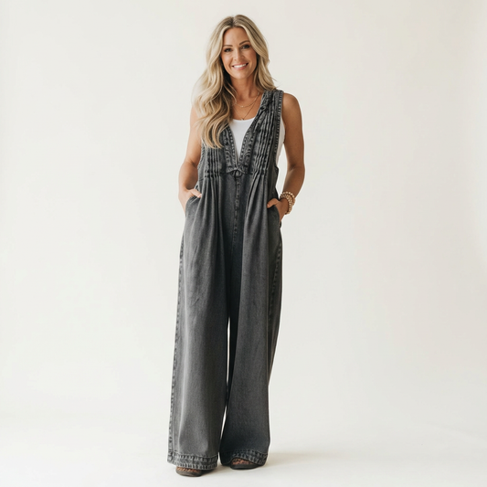 Griselda | Pleated Wide-Leg Denim Jumpsuit