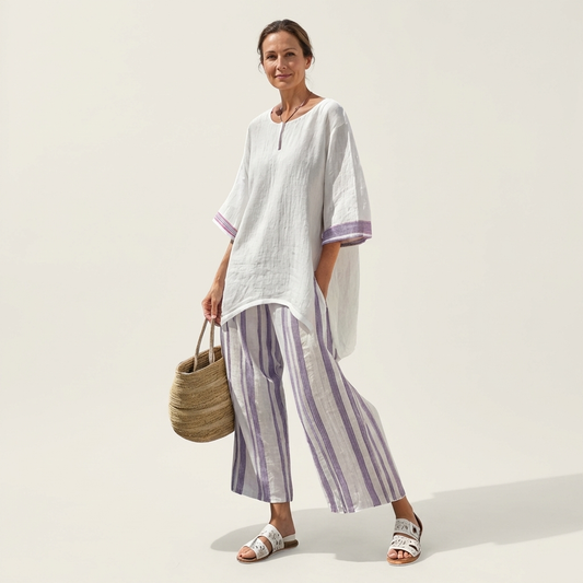 Cassie | White Linen Tunic & Stripe Pant Set