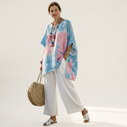 Jeddiah | Watercolor Tie-Dye Tunic & White Linen Set