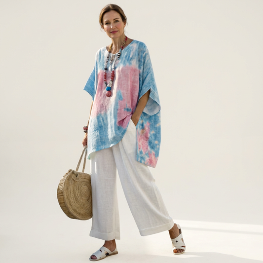 Jeddiah | Watercolor Tie-Dye Tunic & White Linen Set