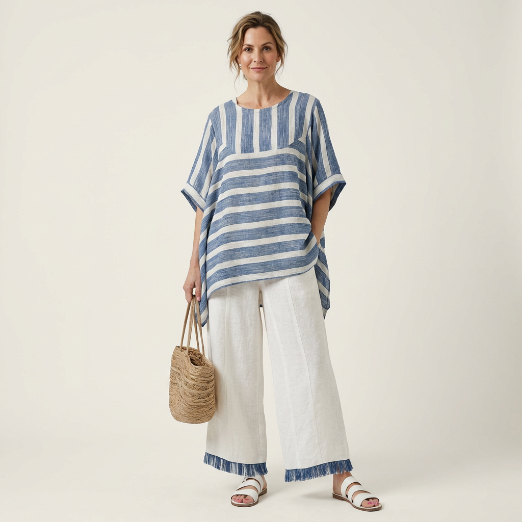 Quintessa | Mixed-Direction Stripe Top & Fringe-Hem Linen Set