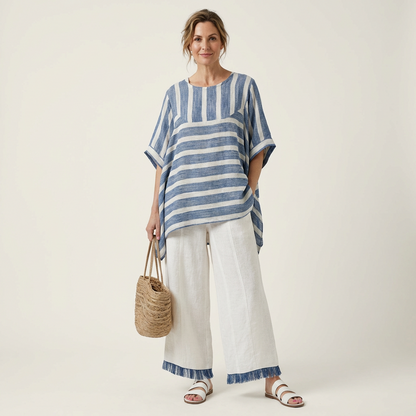 Quintessa | Mixed-Direction Stripe Top & Fringe-Hem Linen Set