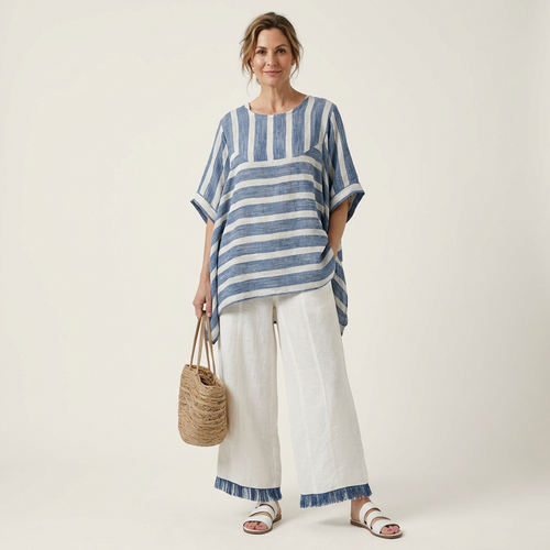 Quintessa | Mixed-Direction Stripe Top & Fringe-Hem Linen Set
