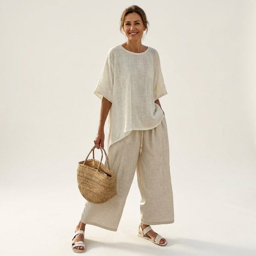 Blossom | Ivory Linen Top & Natural Wide-Leg Set