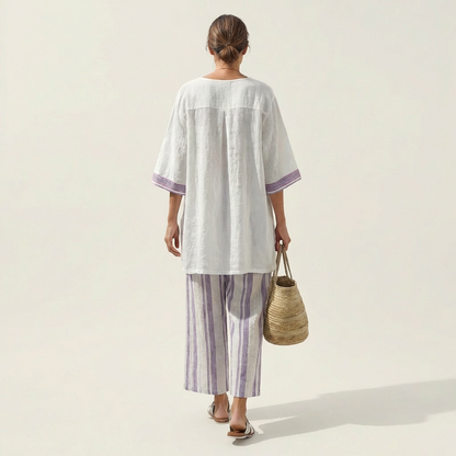 Cassie | White Linen Tunic & Stripe Pant Set