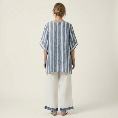 Quintessa | Mixed-Direction Stripe Top & Fringe-Hem Linen Set