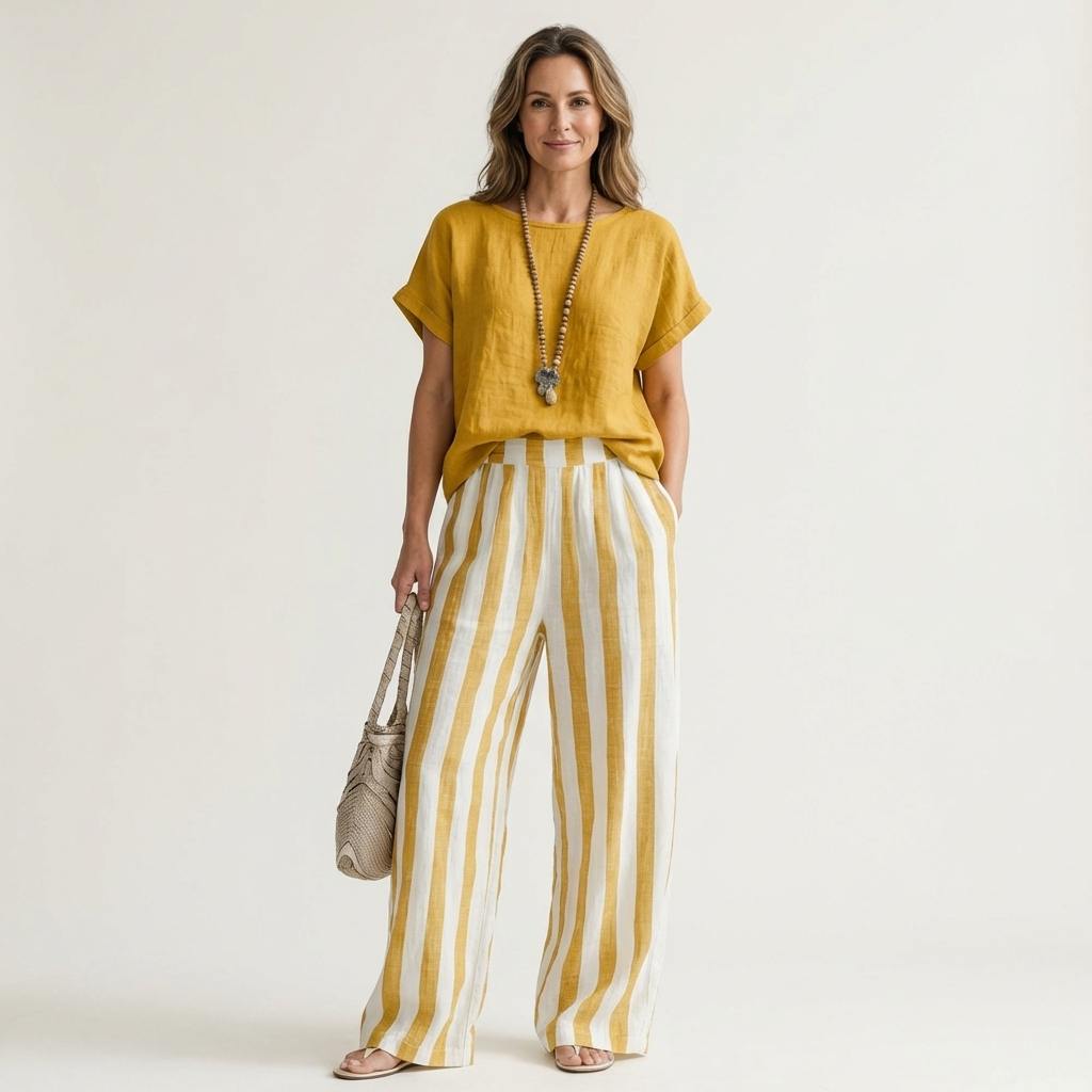 Heather | Solid Linen Top & Bold Stripe Wide-Leg Set