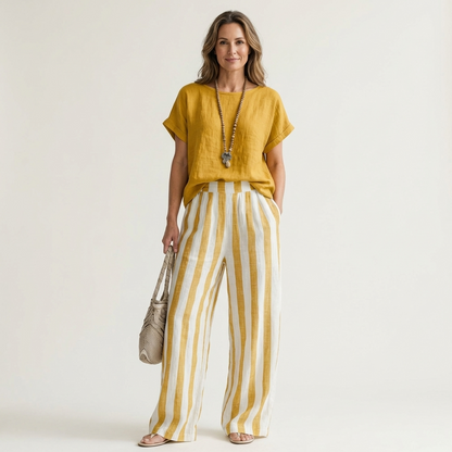 Heather | Solid Linen Top & Bold Stripe Wide-Leg Set