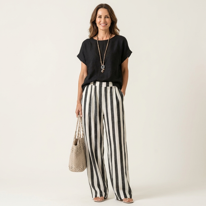 Heather | Solid Linen Top & Bold Stripe Wide-Leg Set