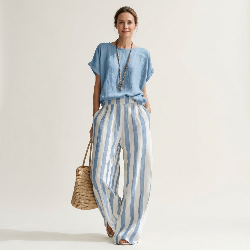 Heather | Solid Linen Top & Bold Stripe Wide-Leg Set