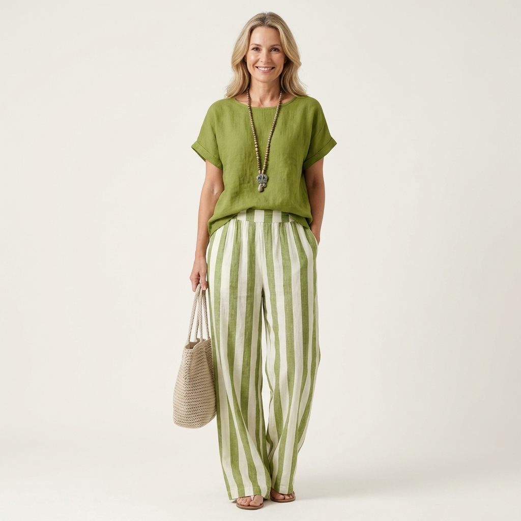 Heather | Solid Linen Top & Bold Stripe Wide-Leg Set