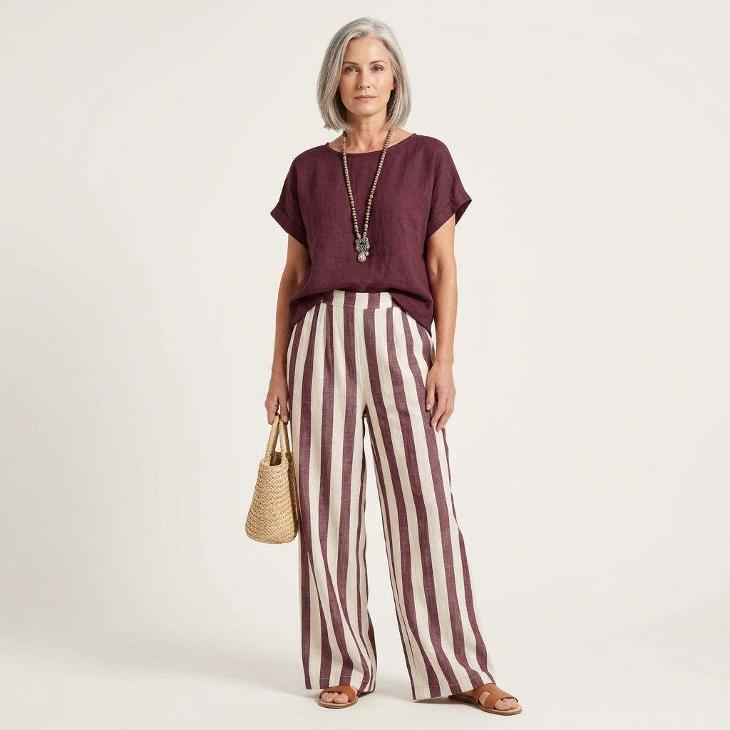 Heather | Solid Linen Top & Bold Stripe Wide-Leg Set