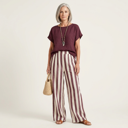 Heather | Solid Linen Top & Bold Stripe Wide-Leg Set