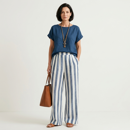 Heather | Solid Linen Top & Bold Stripe Wide-Leg Set