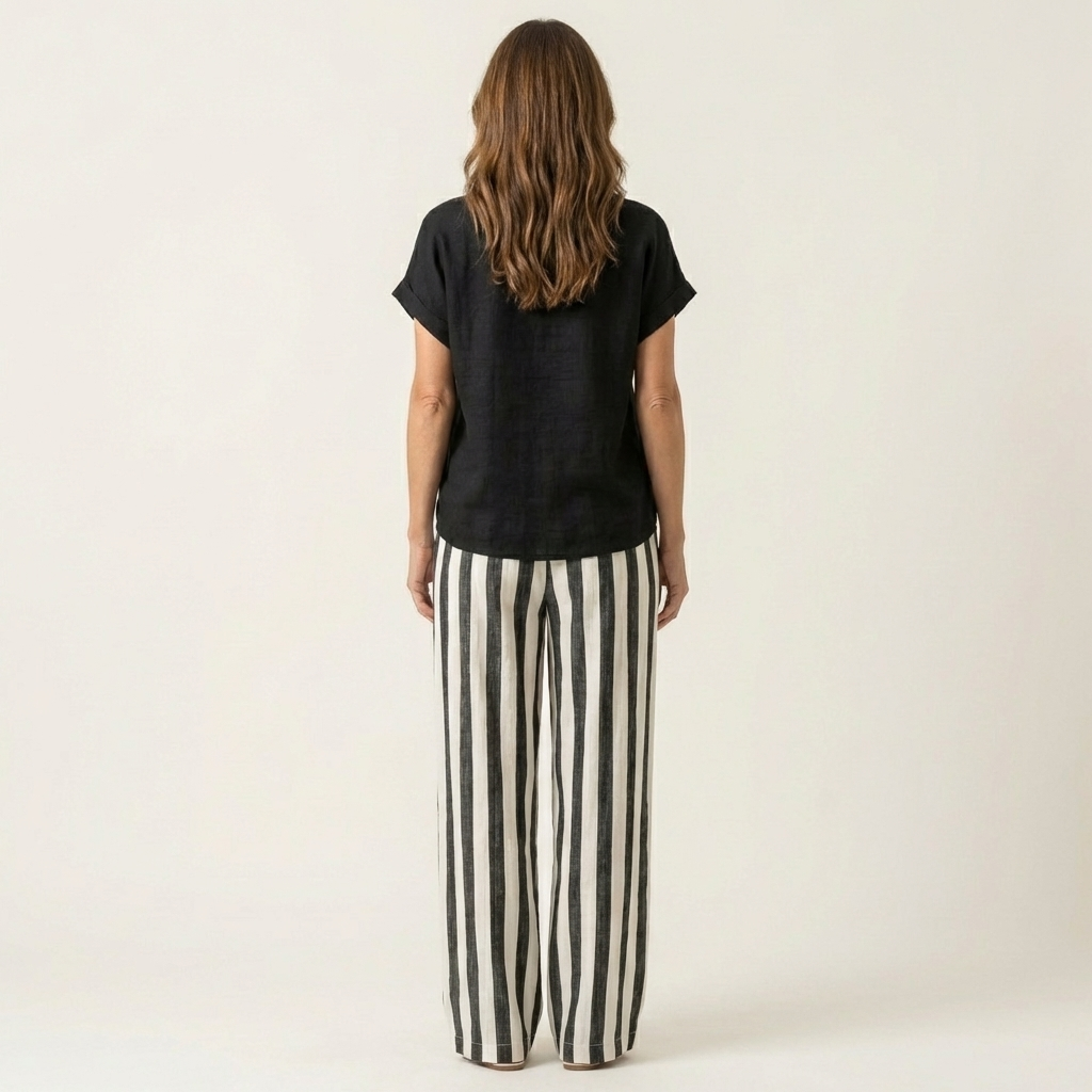 Heather | Solid Linen Top & Bold Stripe Wide-Leg Set