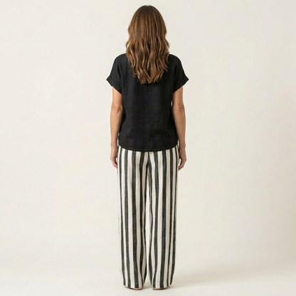 Heather | Solid Linen Top & Bold Stripe Wide-Leg Set