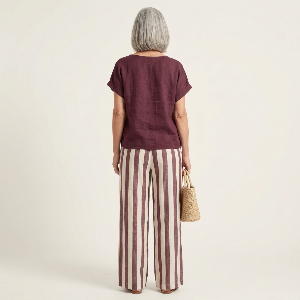 Heather | Solid Linen Top & Bold Stripe Wide-Leg Set