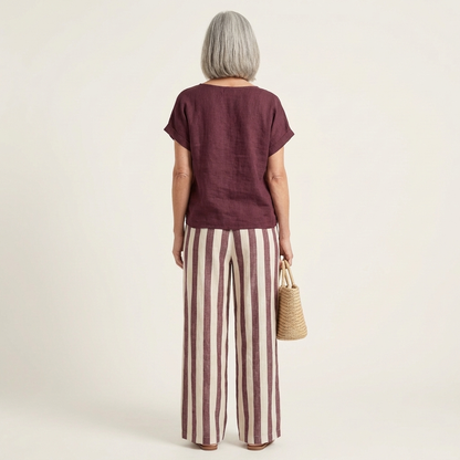 Heather | Solid Linen Top & Bold Stripe Wide-Leg Set