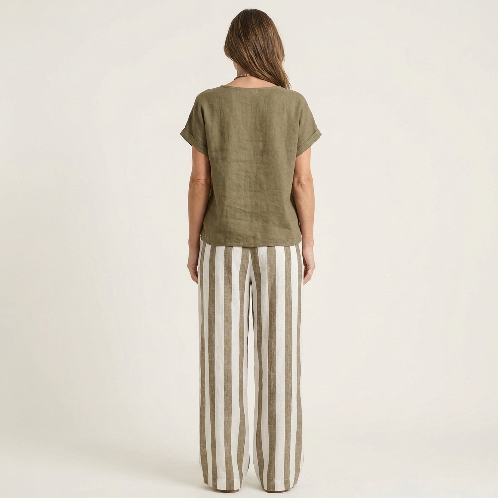 Heather | Solid Linen Top & Bold Stripe Wide-Leg Set
