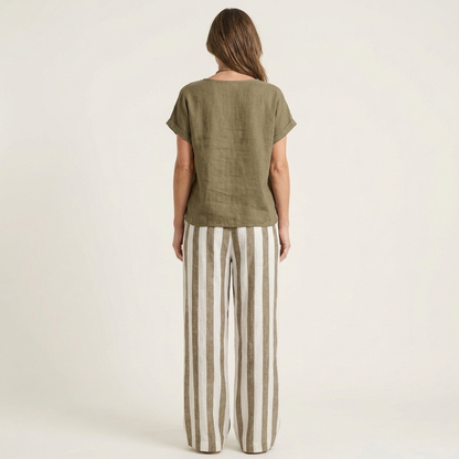 Heather | Solid Linen Top & Bold Stripe Wide-Leg Set